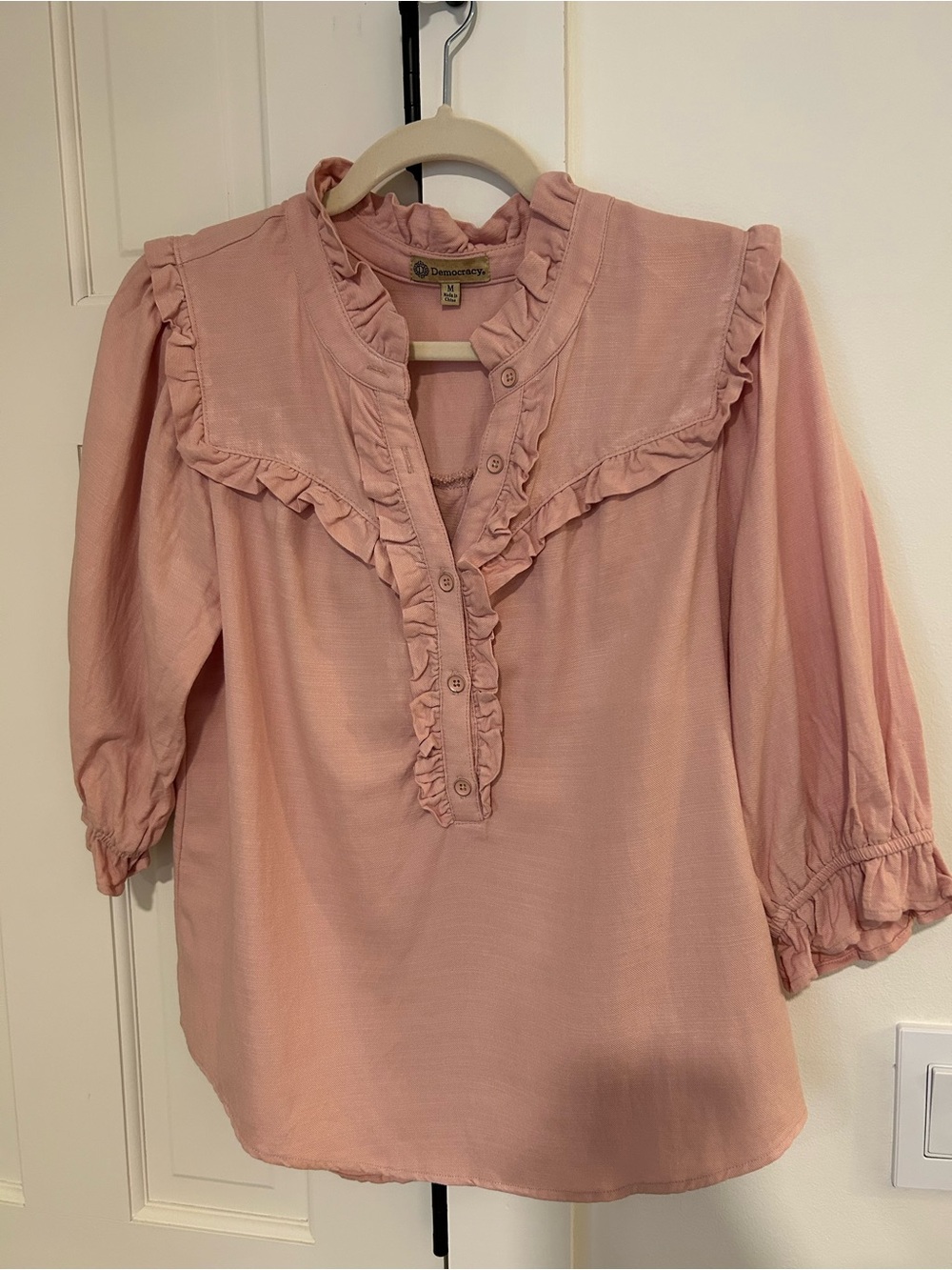 Democracy Blush Pink Ruffle Split-Neck Blouse